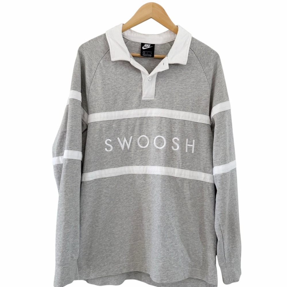 Nike Swoosh Rugby Collared Shirt Retro Pullover Grey White Men’s Size Large